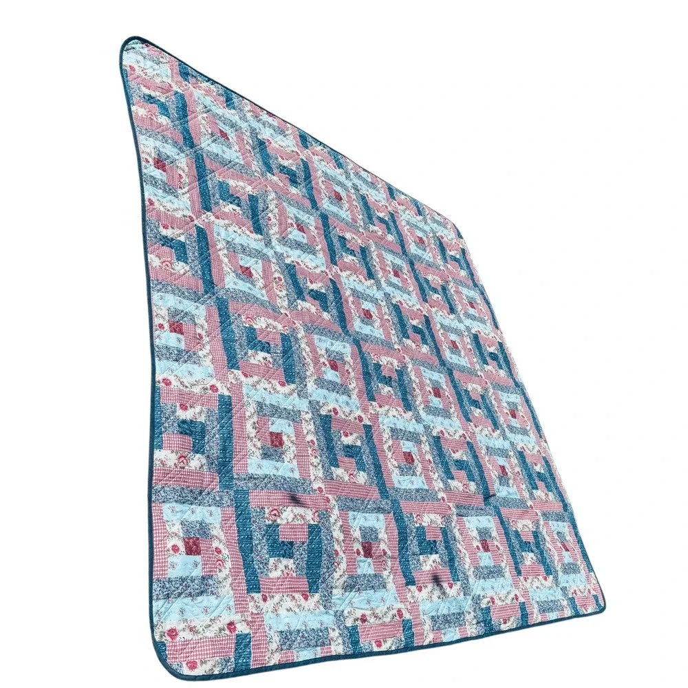 Colormate Full Size Patchwork Quilt Vintage Floral Gingham Log Cabin Pattern